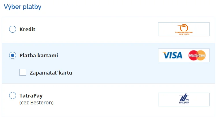 V prípade, že je zákazník prihlásený vo svojom ZSSK ID konte, pri nákupe cestovného dokladu sa mu po zakliknutí „Platba kartou” zobrazí možnosť „Zapamätať kartu“.