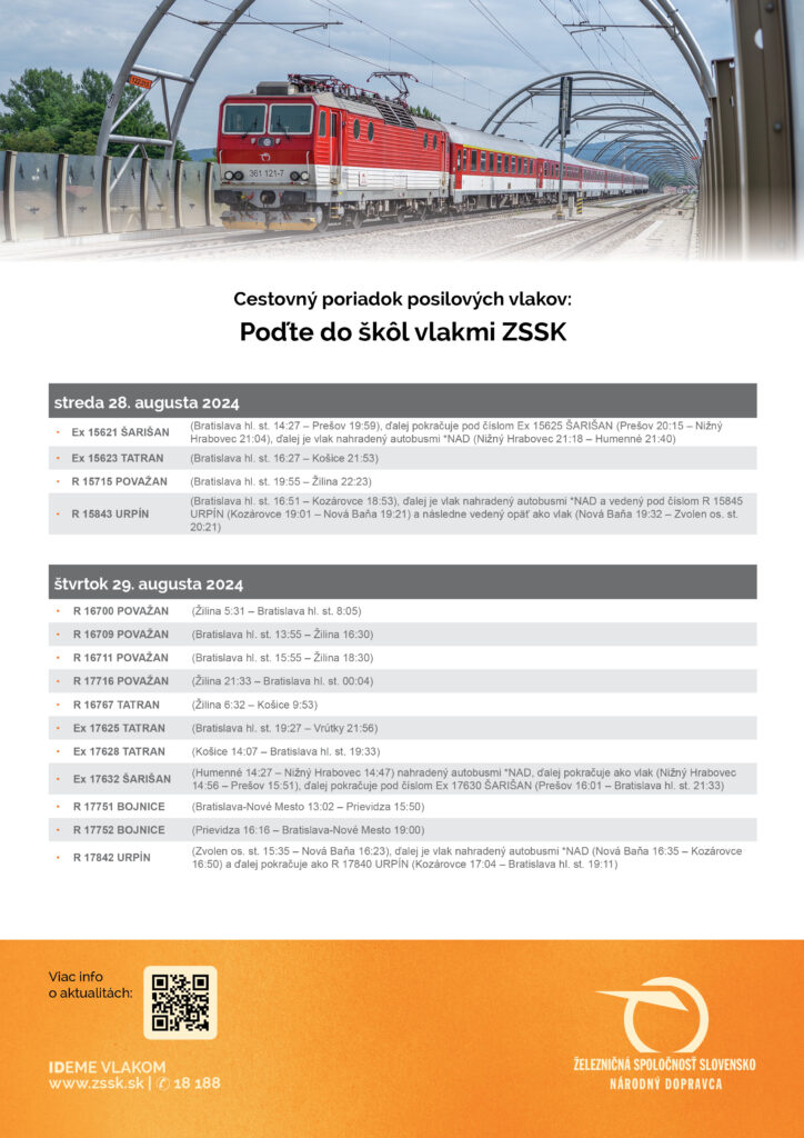 Cestovný poriadok posilových vlakov v stredu 28. 8. a vo štvrtok 29. 8.